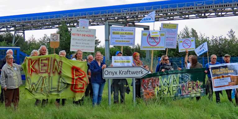 Ein lokales Bündnis protestiert vor dem Holzkraftwerk in Wilhelmshaven - Foto: Karin Boldt